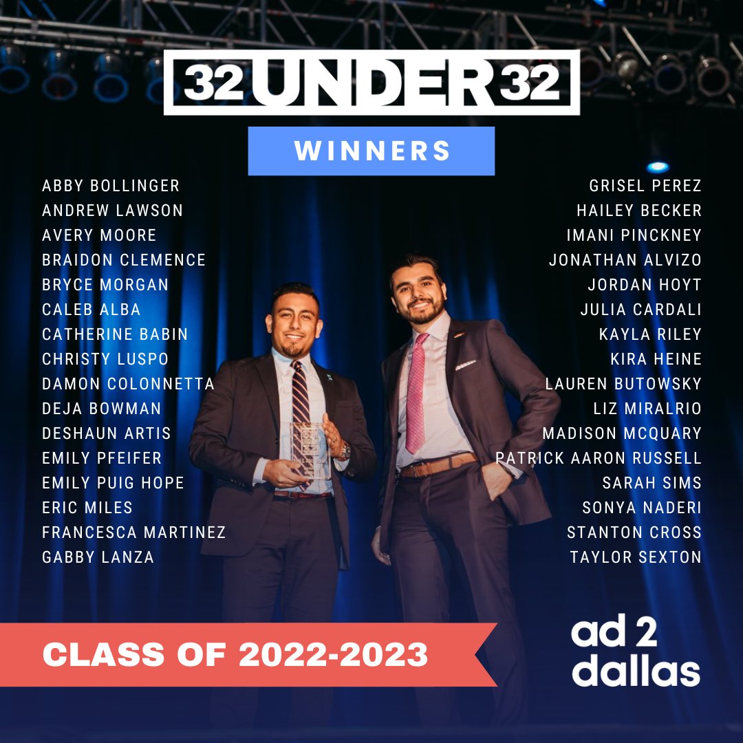 Ad2Dallas's tweet photo. The moment we've all been waiting for... Our 2022 Honorees for the 32 Under 32 Award! ๐ These exceptional winners made a lasting impact on DFW's advertising community - even their colleagues say so! ๐Find the celebration info here: https://t.co/l4aqWJNgOW
#whyad2 #32under32 https://t.co/1Xm1IwtkEE