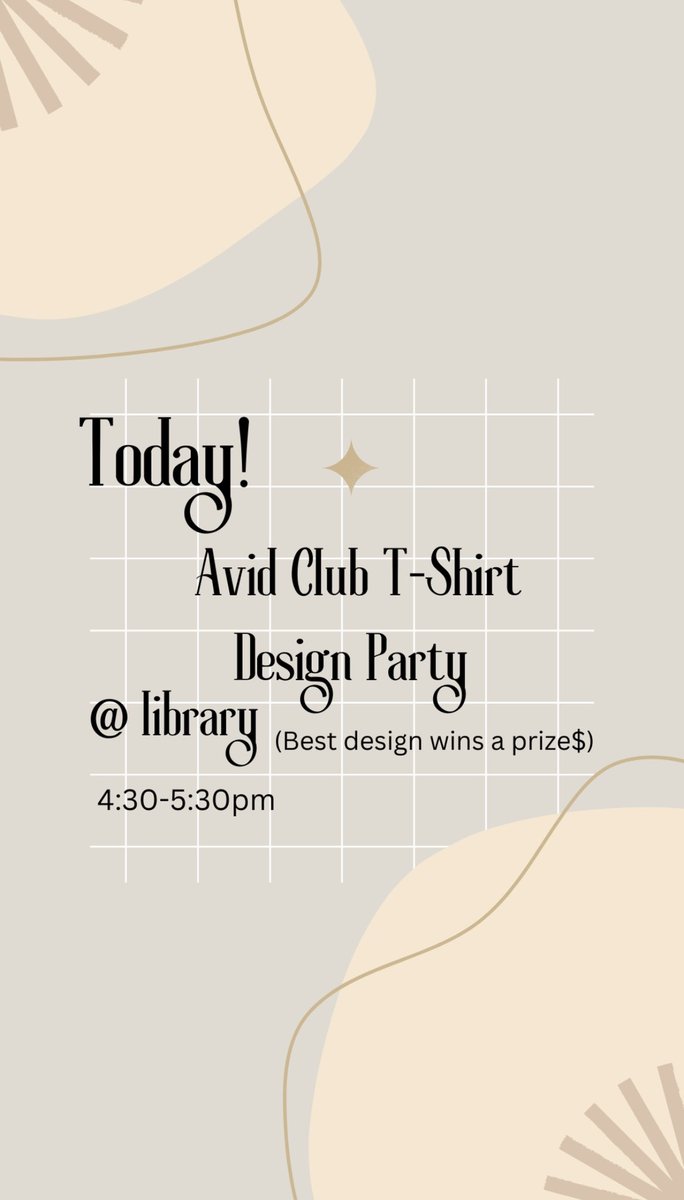 !! For All Avid students !! 

Come join us Today for our first Avid party and design our Avid shirt of the year ! 
From 4:30-5:30pm in the Library! 
•
•
The best shirt design will win a prize!! $$✨
