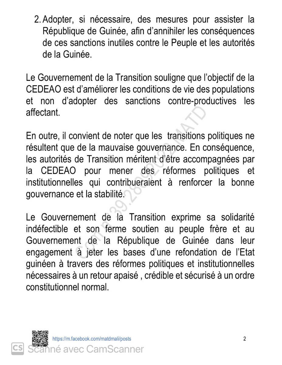 MaliMaeci's tweet image. Communiqué N°039 du Gouvernement de la Transition, relatif au soutien en faveur de la Guinée, suite aux sanctions illégales prises par la CEDEAO à son encontre.