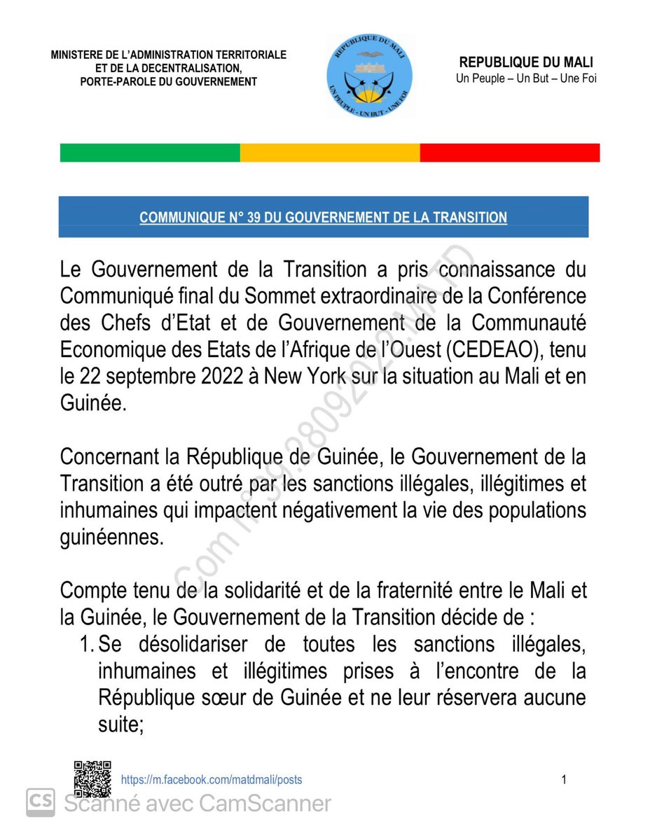 MaliMaeci's tweet image. Communiqué N°039 du Gouvernement de la Transition, relatif au soutien en faveur de la Guinée, suite aux sanctions illégales prises par la CEDEAO à son encontre.