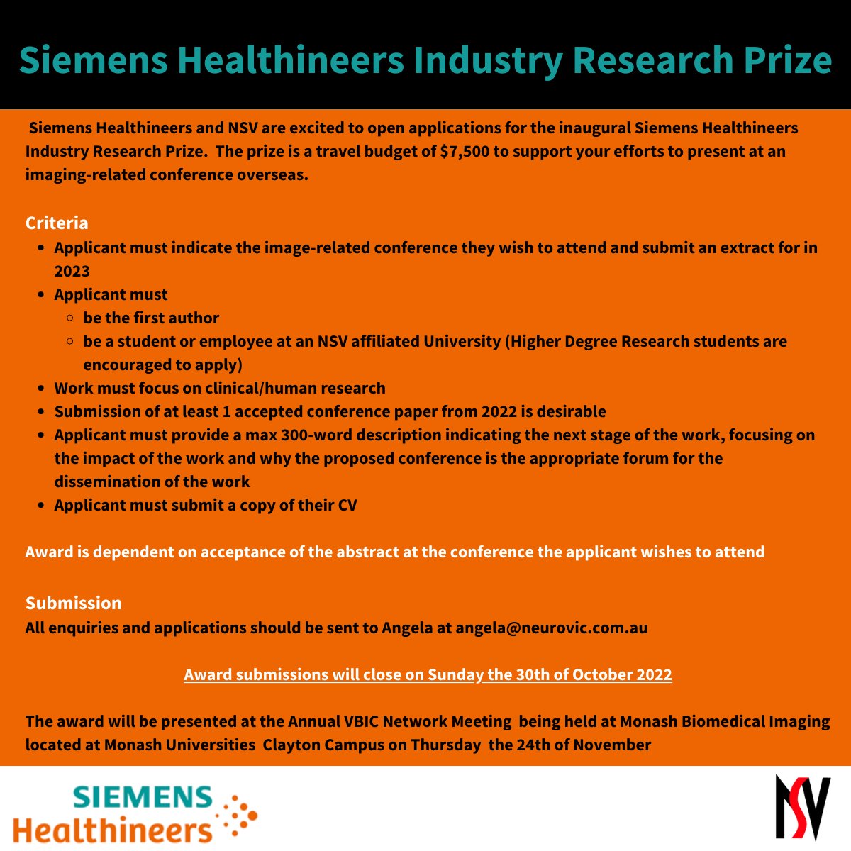Neurosciences Victoria (@neuroscivic) on Twitter photo We are excited to announce that applications are now open for the inaugural Siemens Healthineers Industry Research Prize. Don't miss out on your chance to win a $7,500 travel budget to an O/S conference in 2023! <a href="/SiemensHealthPR/">Siemens Healthineers Press</a>
#imagingresearch #imagingtechnologies We are excited to announce that applications are now open for the inaugural Siemens Healthineers Industry Research Prize. Don't miss out on your chance to win a $7,500 travel budget to an O/S conference in 2023! <a href="/SiemensHealthPR/">Siemens Healthineers Press</a>
#imagingresearch #imagingtechnologies