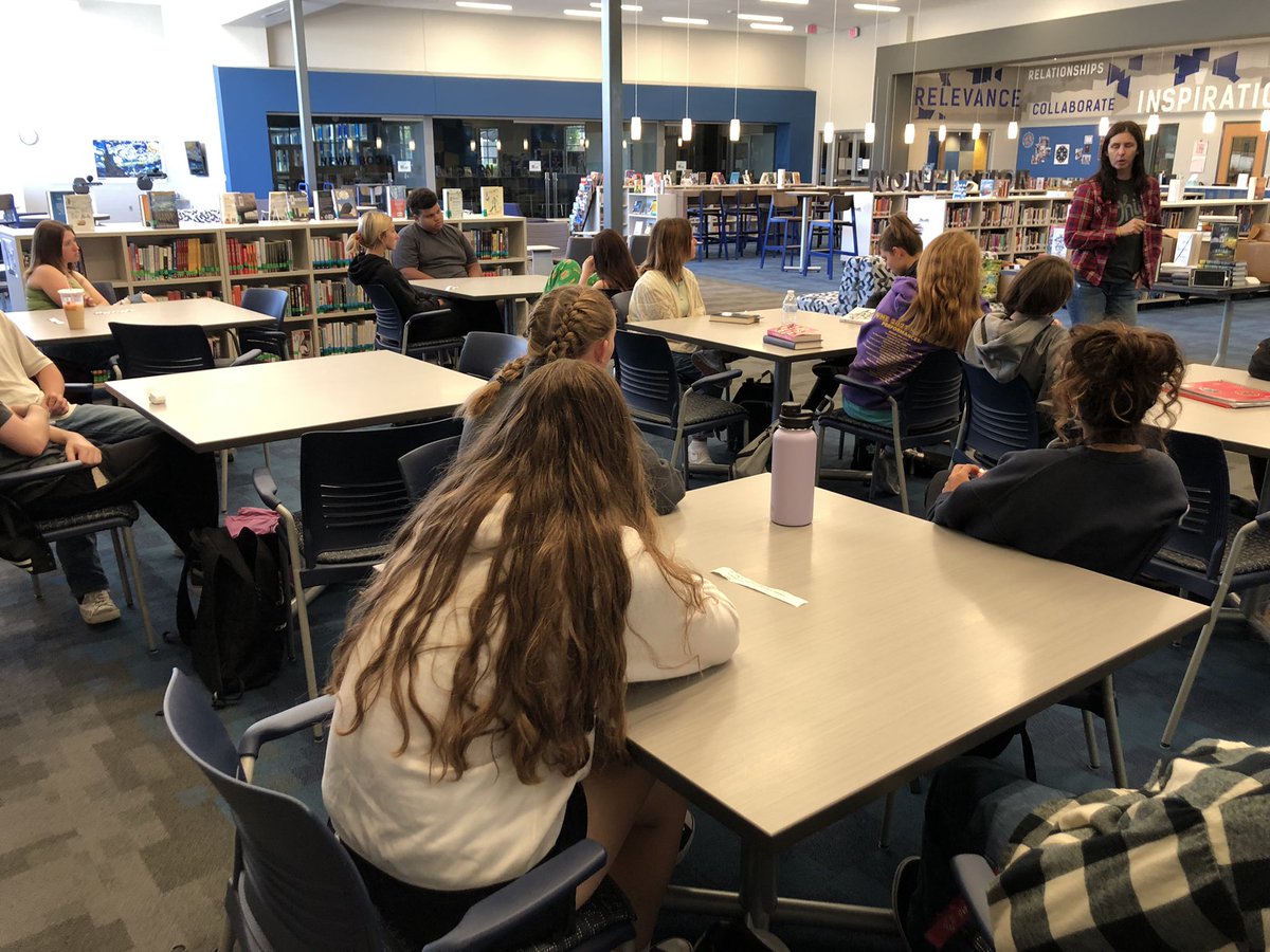 lrothmier's tweet photo. What an incredible visit today from @MindyMcGinnis! She was engaging, funny, informative and kind. Our students and staff enjoyed a great day with her (creative writing class)! #GVLibraries #WhatWeDo https://t.co/C0avWZBNDE