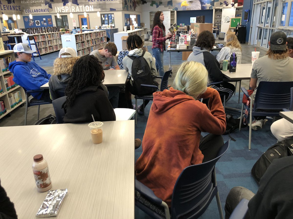 lrothmier's tweet photo. What an incredible visit today from @MindyMcGinnis! She was engaging, funny, informative and kind. Our students and staff enjoyed a great day with her (creative writing class)! #GVLibraries #WhatWeDo https://t.co/C0avWZBNDE
