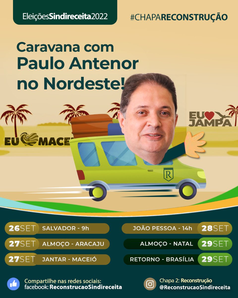 RSindireceita's tweet photo. #TôVendoUmaEsperança
 
CARAVANA COM P.A - Nordeste 
 
#BreakingNews
 
👍 A “Caravana com P.A” segue avançando no Coração do Nordeste!
 
🚩Depois da Bahia e Sergipe,  o time da RECONSTRUÇÃO já passou por Alagoas e foi recebido com muito carinho pelo pessoal de Maceió. https://t.co/fJElXYWgpF