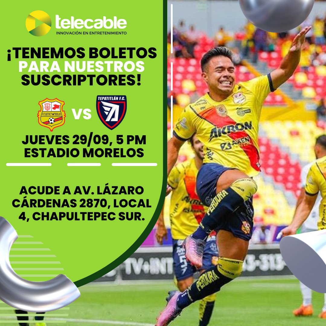 ¡Corre porque se acaban! Ven ya por tu boleto para el partido entre <a href="/C_A_Morelia/">Club Atlético Morelia</a> y #Tepatitlanfc este jueves #29deseptiembre en punto de las 5 pm en el #EstadioMorelos.
Estaremos en Av. Lázaro Cárdenas 2870, local 4, Col. Chapultepec Sur. 
*Promoción exclusiva para suscriptores.