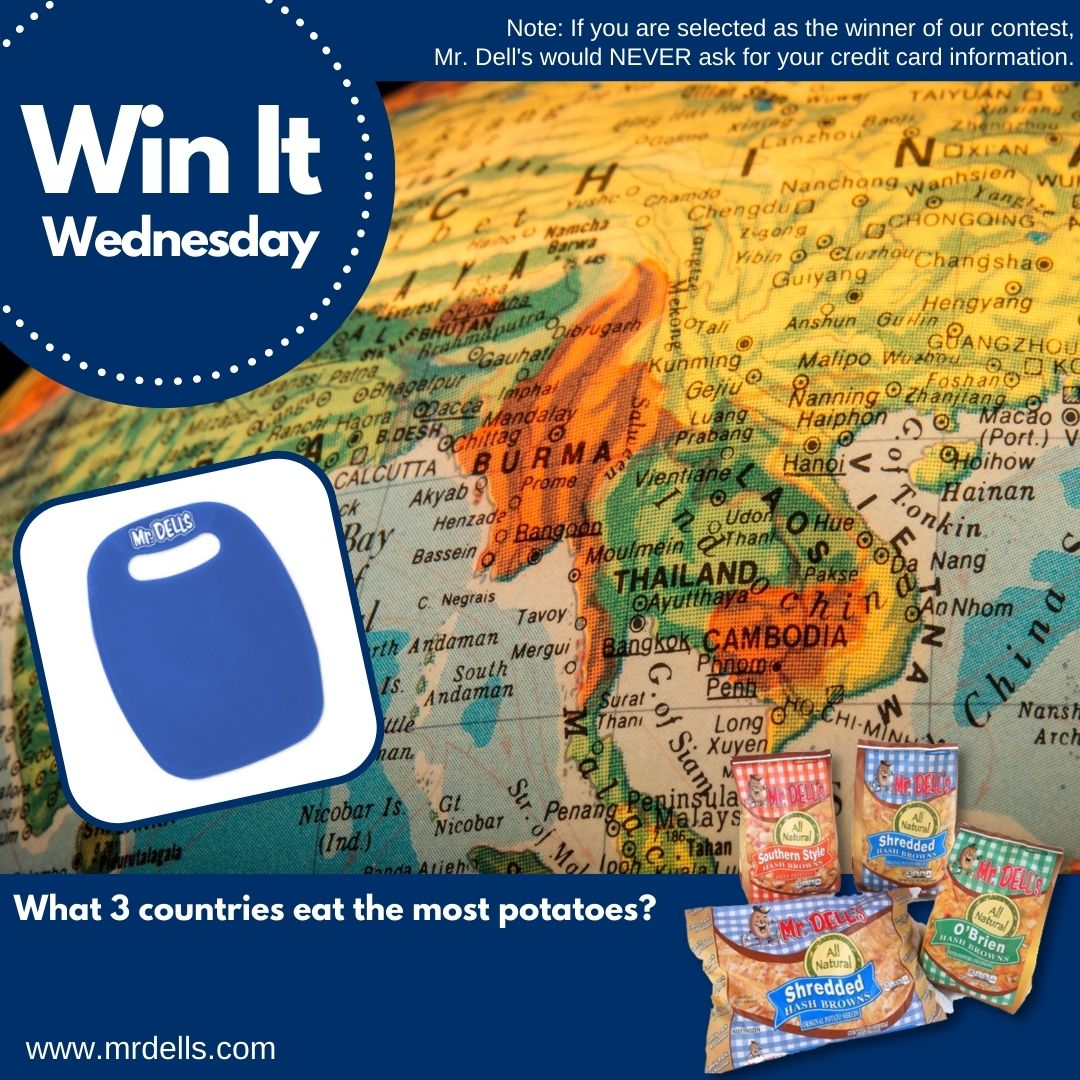 It's #WinItWednesday. Tell us what 3 countries eat the most potatoes in the comments below & be entered to win Mr. Dell's Hash Browns & a cutting board. Hint: Mr. Dell's Hash Browns are helping the U.S. make that list. Like & retweet for extra entries. #MrDells #HashBrowns