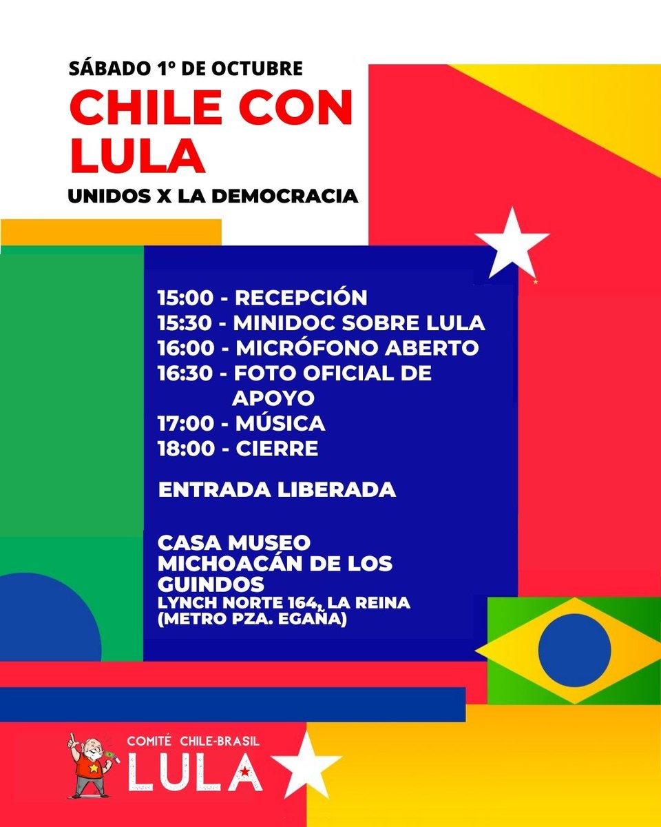 "Invitamos este sábado 1º de octubre a las 15hrs a un encuentro político-cultural por al defensa de la democracia y en apoyo a la candidatura de Lula da Silva 🇧🇷"
Casa Museo Michoacán de los Guindos - Lynch Norte 164, La Reina 
Más informaciones y detalles t.me/ChileBrasilCon…