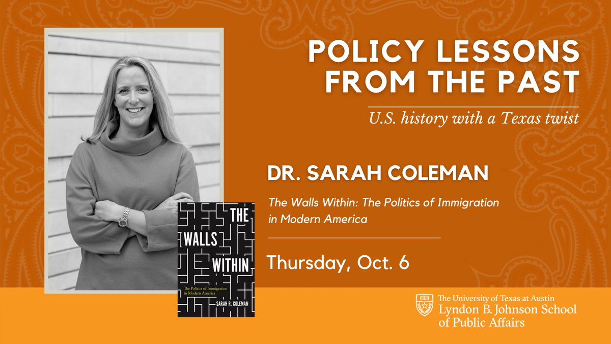 Next week at the LBJ Washington Center!
Dr. Sarah Coleman joins us to discuss the battles over U.S. immigrants’ rights. Dr. Sergio Garcia-Rios, Assoc Director for Research @csrdut, will moderate.
Thurs 10/6, 5:30pm
RSVP: https://t.co/RUzxV9A15X
#PolicyLessonsFromThePast https://t.co/htZ7tgpQqF