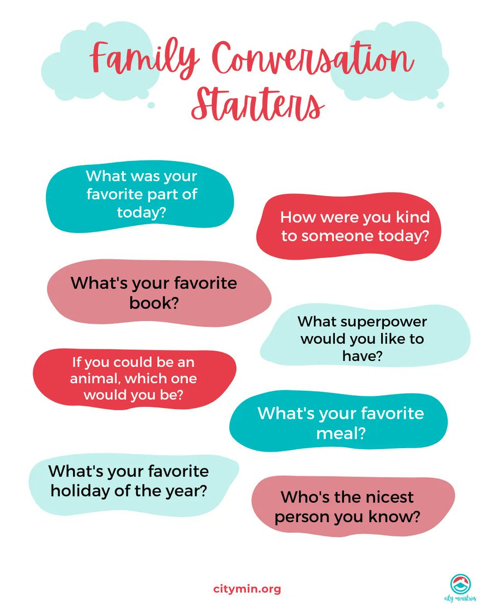 CityMinWA's tweet photo. The best time to connect with your kids is in the car after school or around the dinner table. Try some of these conversation starters! You may learn something new about your child😀💭

#conversationstarters #familytime #connection https://t.co/cZUACV3lap