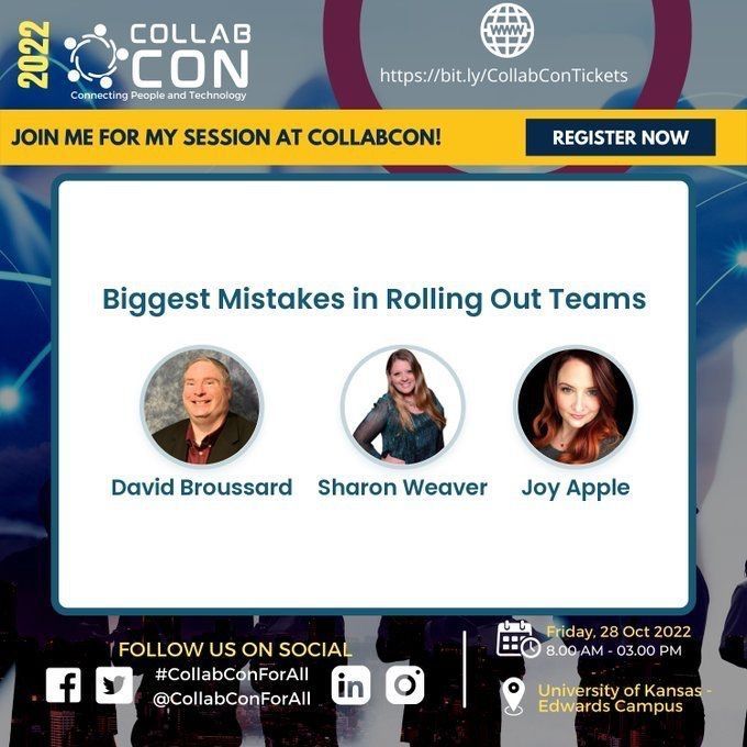 CatapultSystems's tweet photo. Join David Broussard on October 28th at CollabCon, on the Biggest Mistakes in Rolling out Teams and How to Avoid Them. Use code “BROUSSARD20” during checkout. Register Here: https://t.co/c7bj7vdDJ6 https://t.co/Qc3nCKXbIk