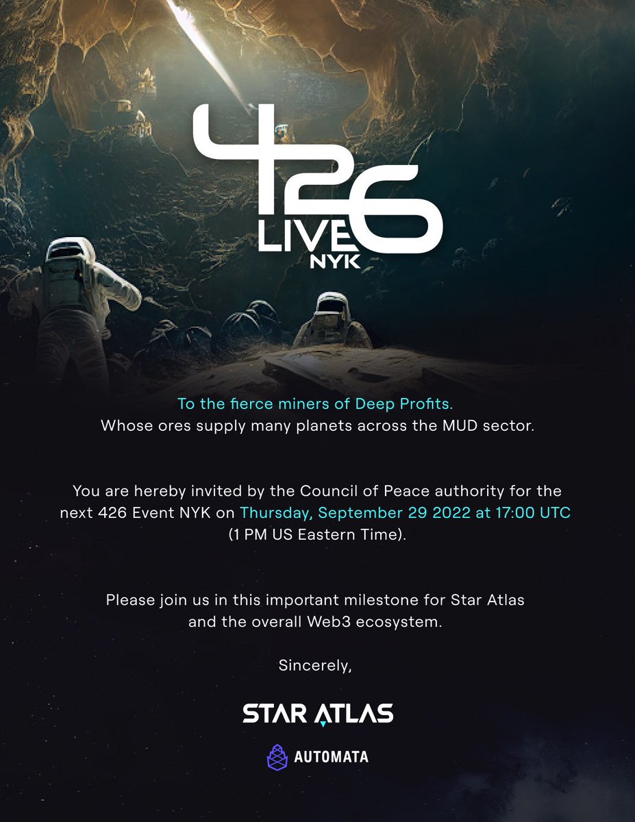 Deep_Profits's tweet photo. We can all agree that we have waited our respectful 4-6 weeks for this.
Join Deep Profits along with the rest of the absolutely incredible community to rejoice for what @staratlas team has in store for us at the #426LIVE:NYK event!
#staratlas #WeAreStarAtlas $Polis $Atlas https://t.co/azcfdoHx6c