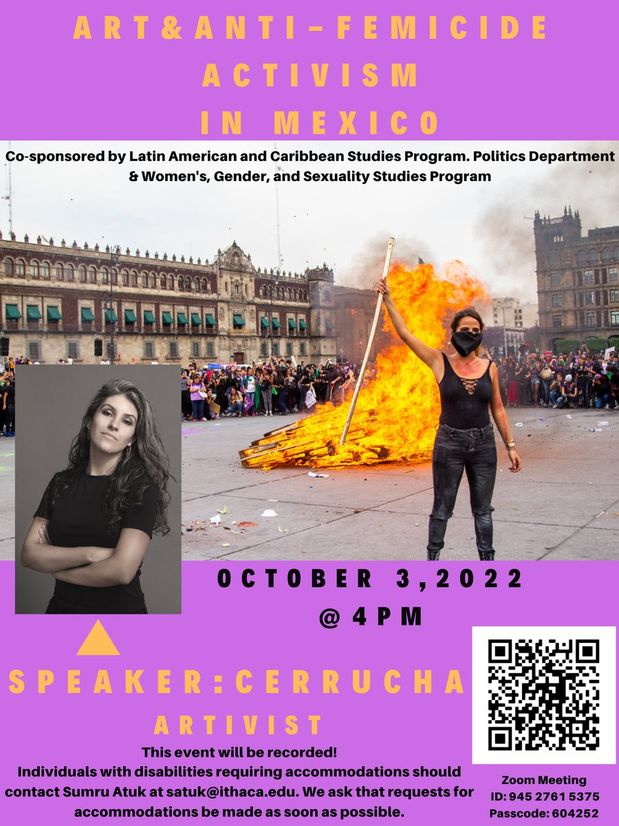 #LasDisidentas 
Art &amp; Anti-Femicide Activism in Mexico

Conversatorio con <a href="/cerrucha/">CERRUCHA</a> en <a href="/IthacaCollege/">Ithaca College</a> 

🔥¡No se la pierdan!🔥

⏰3pm - CDMX 🇲🇽
📆 3 de octubre 
💻 Zoom 
ID: 945 2761 5375
Código: 604252

ithaca.edu/intercom/2022-…