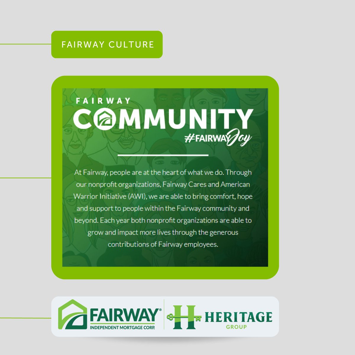 Do you feel like you're a part of something bigger than yourself? Does your company prioritize giving back? Does your branch encourage community involvement?

Fairway as a company, and we as a branch, work hard to ensure that the work we do benefits the communities around us.