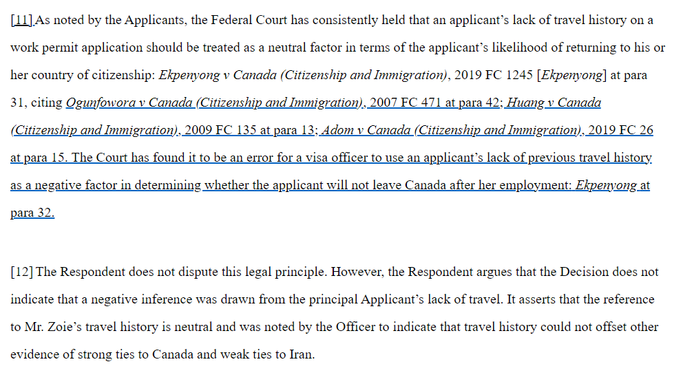 smeurrens's tweet photo. Federal court reaffirms that in a work permit application an applicant's lack of travel history should be treated as a neutral factor, rather than a negative factor, in IRCC's assessment of whether the applicant will return to their country of citizenship. https://t.co/lZXSPufiNF https://t.co/5vdZ6BnA5f