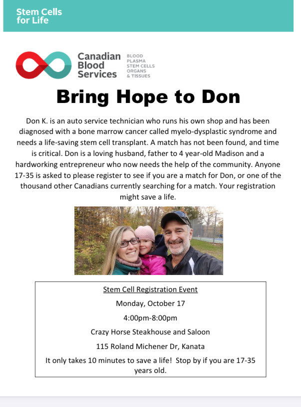 Get Swabbed Events are back! Give hope to Don on Oct 17 in Kanata. ⁦<a href="/CBCOttawa/">CBC Ottawa</a>⁩ ⁦<a href="/ctvottawa/">CTV Ottawa</a>⁩ ⁦<a href="/CanadasLifeline/">Canadian Blood Services</a>⁩ ⁦<a href="/CDawnPickering/">C. Dawn Pickering</a>⁩ ⁦<a href="/StartWithHills/">Hillary McKibbin</a>⁩ ⁦<a href="/swabottawa/">Bruce Denniston Bone Marrow Society (BDBMS) Ottawa</a>⁩ @lifelineOTT