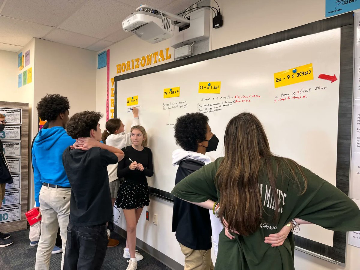Abaziou's tweet photo. Ss translated Algebraic Expressions around the room. Groups had to visit every expression, but could not repeat a phrase that had already been written. We discovered SO MANY ways to express the same mathematical phrases. #McLeanSchool #MTBoS #iteachmath #vnps @mathequalslove https://t.co/MfPg3JTLu4