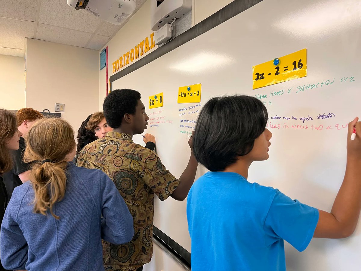 Abaziou's tweet photo. Ss translated Algebraic Expressions around the room. Groups had to visit every expression, but could not repeat a phrase that had already been written. We discovered SO MANY ways to express the same mathematical phrases. #McLeanSchool #MTBoS #iteachmath #vnps @mathequalslove https://t.co/MfPg3JTLu4