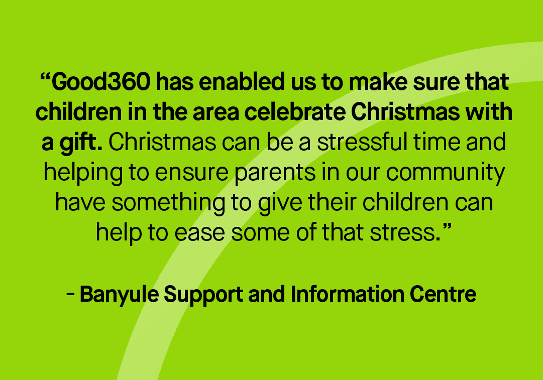 good360au's tweet photo. With Christmas around the corner, Banyule Support and Information Centre were matched with books from BIG W and LEGO for their Christmas Gift Appeal to make sure no child misses out on a special Christmas experience 💚

#BringingGoodTogether #CircleOfGood https://t.co/FXjo2b4k7k