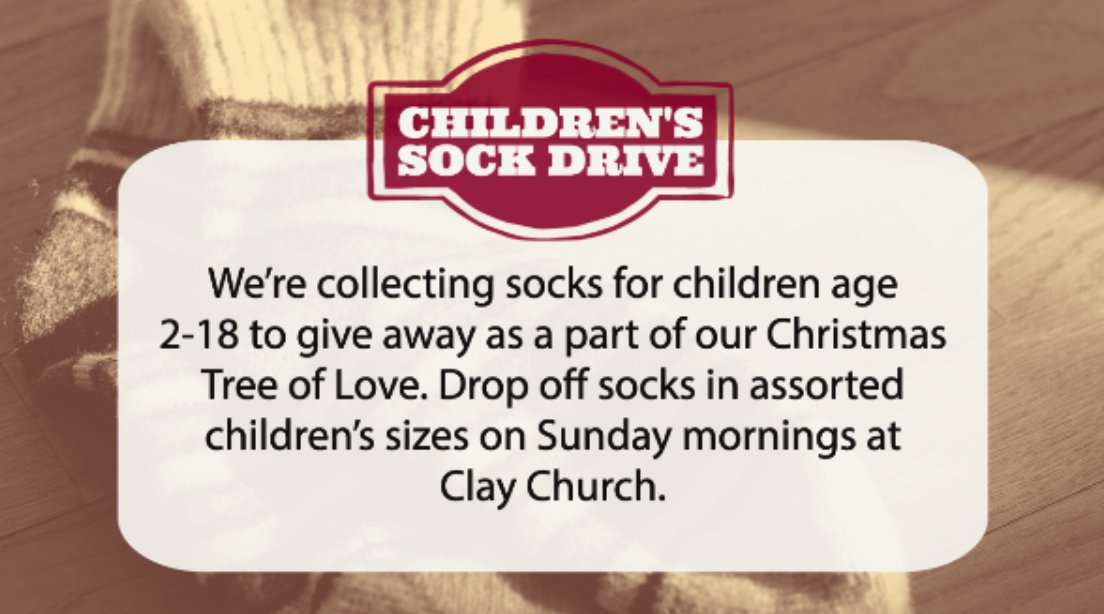 ClayChurch's tweet photo. We're collecting children's socks in assorted sizes for the next few Sundays. You can pick up socks during the week and drop them in the collection bin next to the Do Something counter. https://t.co/hhpKGtsRUE
