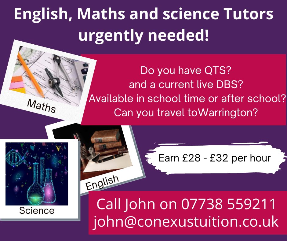 ConexusN's tweet image. Due to an unprecedented demand for tuition services I am looking for enthusiastic, experienced, well qualified tutors to work in Warrington Schools!