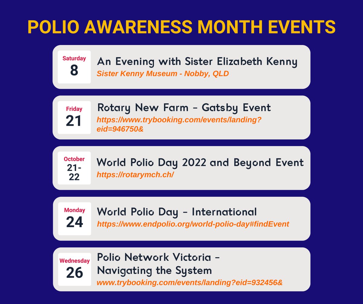'An Evening with Sister Kenny' - Nobby, QLD

'Gatsby Event' - Rotary New Farm, QLD
🔗 https://t.co/8N8zfvwq3t

World Polio Day - Rotary International
🔗 https://t.co/FlrARJtX4k
🔗 https://t.co/ZXyZvj8V5f

'Navigating the System' - Polio Network Victoria
🔗 https://t.co/y4gyQKWTzb