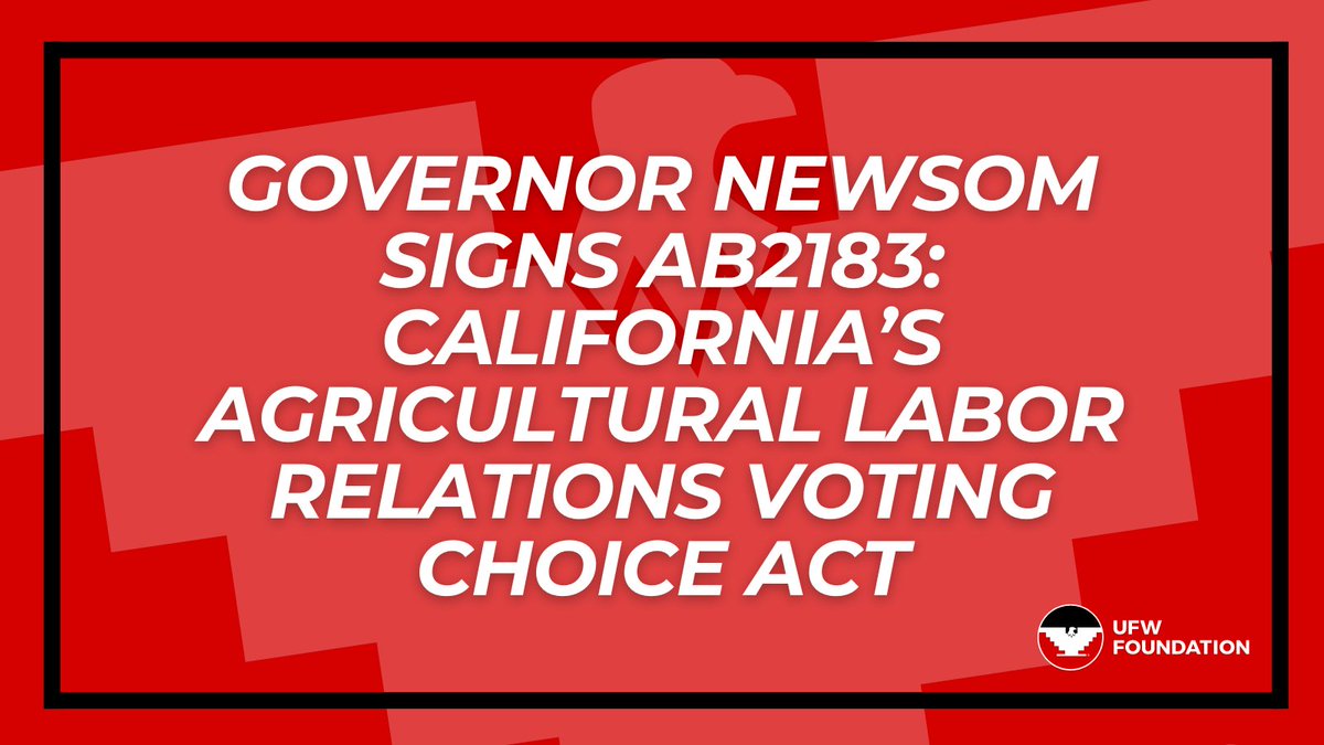 🦅 Breaking News:Governor Newsom signs AB2183: California’s Agricultural Labor Relations Voting Choice Act.

Farm Workers will now be able to vote in union elections free from intimidation! Thank you to the farm workers & supporters who marched for the Gov's Signature. #SiSePuede