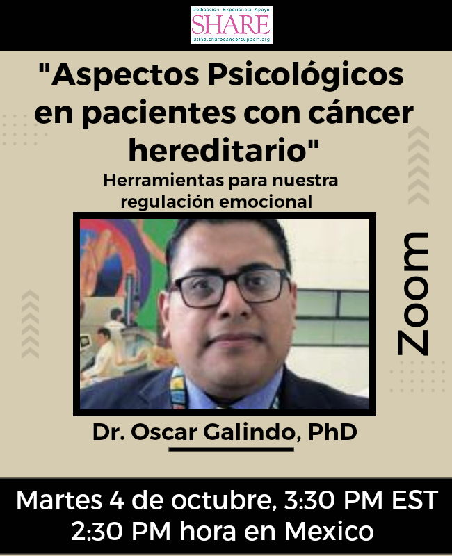 oscargalindovzq's tweet photo. Acompáñenos el próximo martes 4 de octubre a las 2:30PM Ciudad de México para discutir un importante tema sobre "Aspectos Psicológicos en pacientes con cáncer hereditario", herramientas para nuestra regulación emocional.
Enlace del Zoom:
ID: 883 1186 2534
Código: 811243 https://t.co/YgtiJ6Q1ol