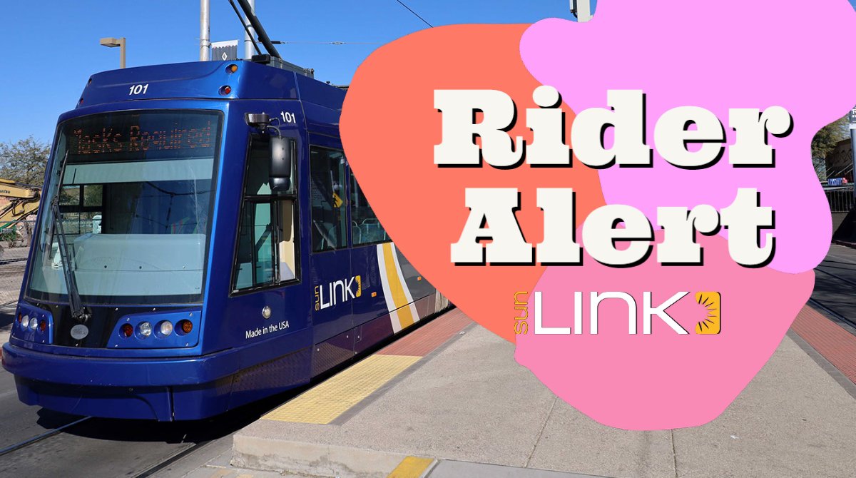 SunTran_Tucson's tweet photo. ⛈RIDER ALERT⛈
#SunLink streetcar service is temporarily suspended due to heavy rainfall. Service is expected to resume by 4:30 p.m. Thanks for your patience. https://t.co/Owzb0tRk6E