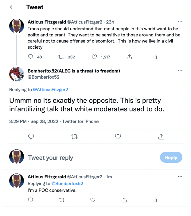 AtticusFitzger2's tweet photo. Bad-faith actor rule #1.  If you don't want to engage the argument, somehow make it about race. https://t.co/6E5U1AdXBt