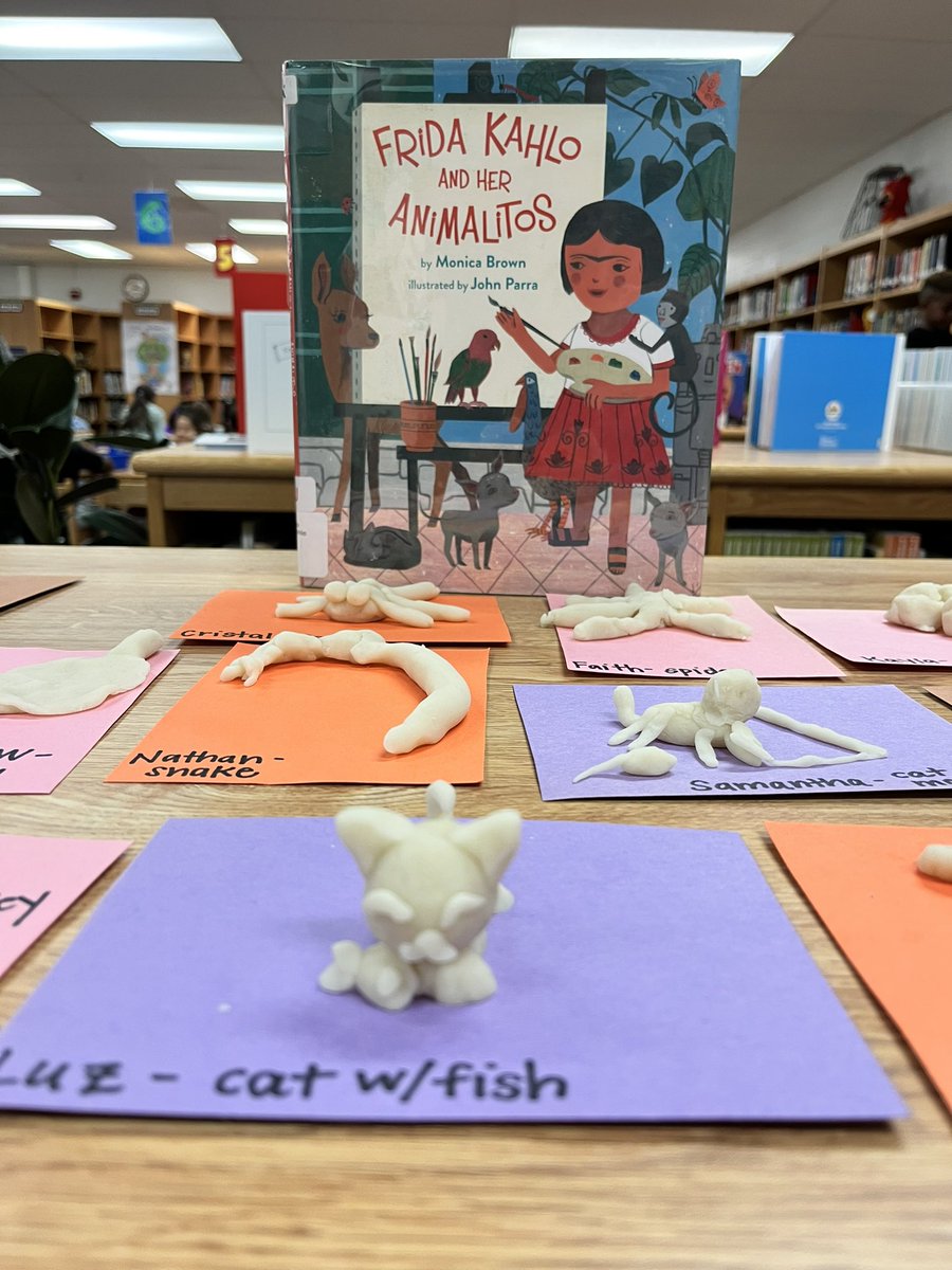 For Hispanic Heritage month, we read Frida Kahlo And Her Animalitos, students next created their own animalitos out of clay. Check out the cat and tiny fish upfront...created by a 1st grader! <a href="/monicabrownbks/">Monica Brown🦋</a> #HispanicHeritageMonth