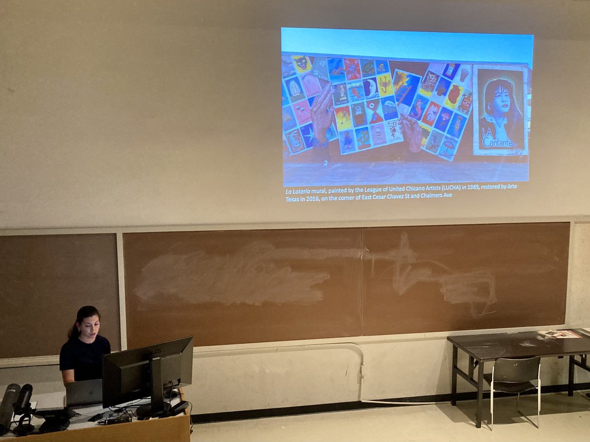 Happening now! Antiquities Action’s first event of the semester! <a href="/UT_AAH/">UT Art & Art History</a> PhD student Catalina Cherñavvsky Sequeira on East Austin’s Mexican-American murals and other barrio landmarks: testimony to a rich history of community solidarity and resistance.