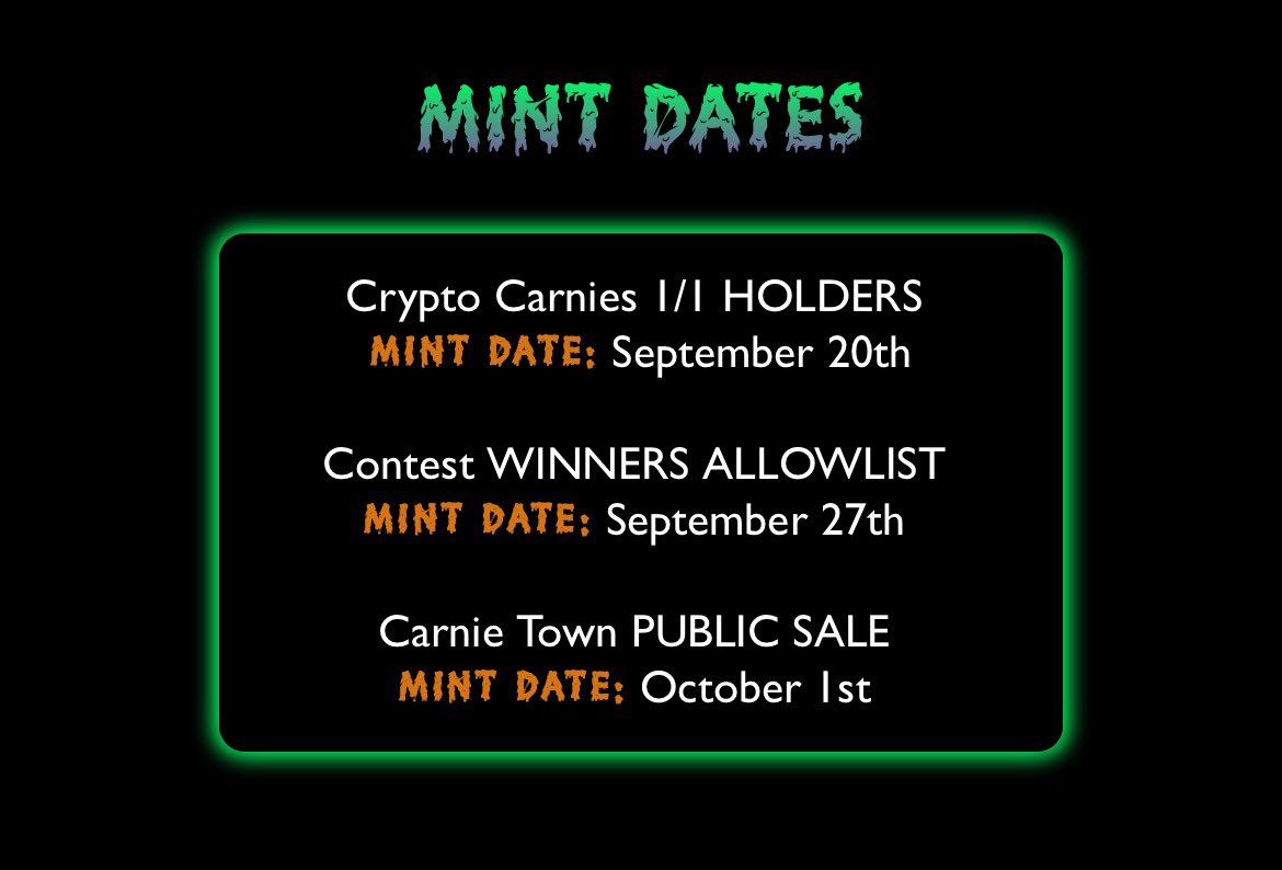 CCarnies's tweet photo. Who’s ready for public sale? It’s coming soon! October first for February spooOoky season at 3 pm EST!! Only .02 eth! Many 1/1s inside!! https://t.co/b7NXbZBoTC #cryptocarnies new video coming soon!! https://t.co/W5lSBeAipv