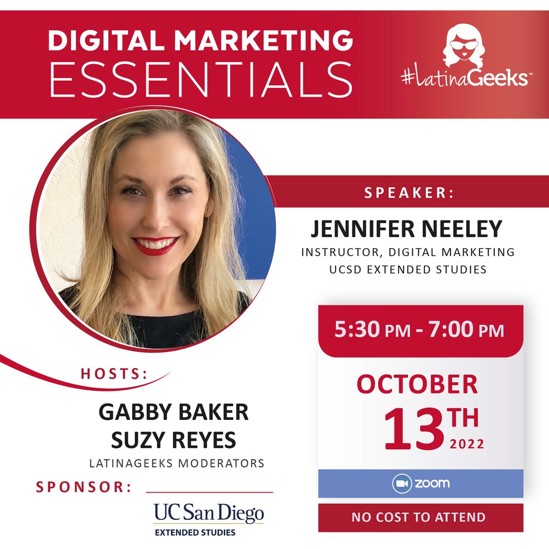 #LatinaGeeks is excited to invite you to a special 🔥event sponsored by ✨UC San Diego.✨ 

Join us to learn how to build an effective digital marketing plan! 

📆 Thursday, 10/13/2022
⏰  5:30 –7:00 PM PST
Registration bit.ly/3rdNoIz 

#digitalmarketing