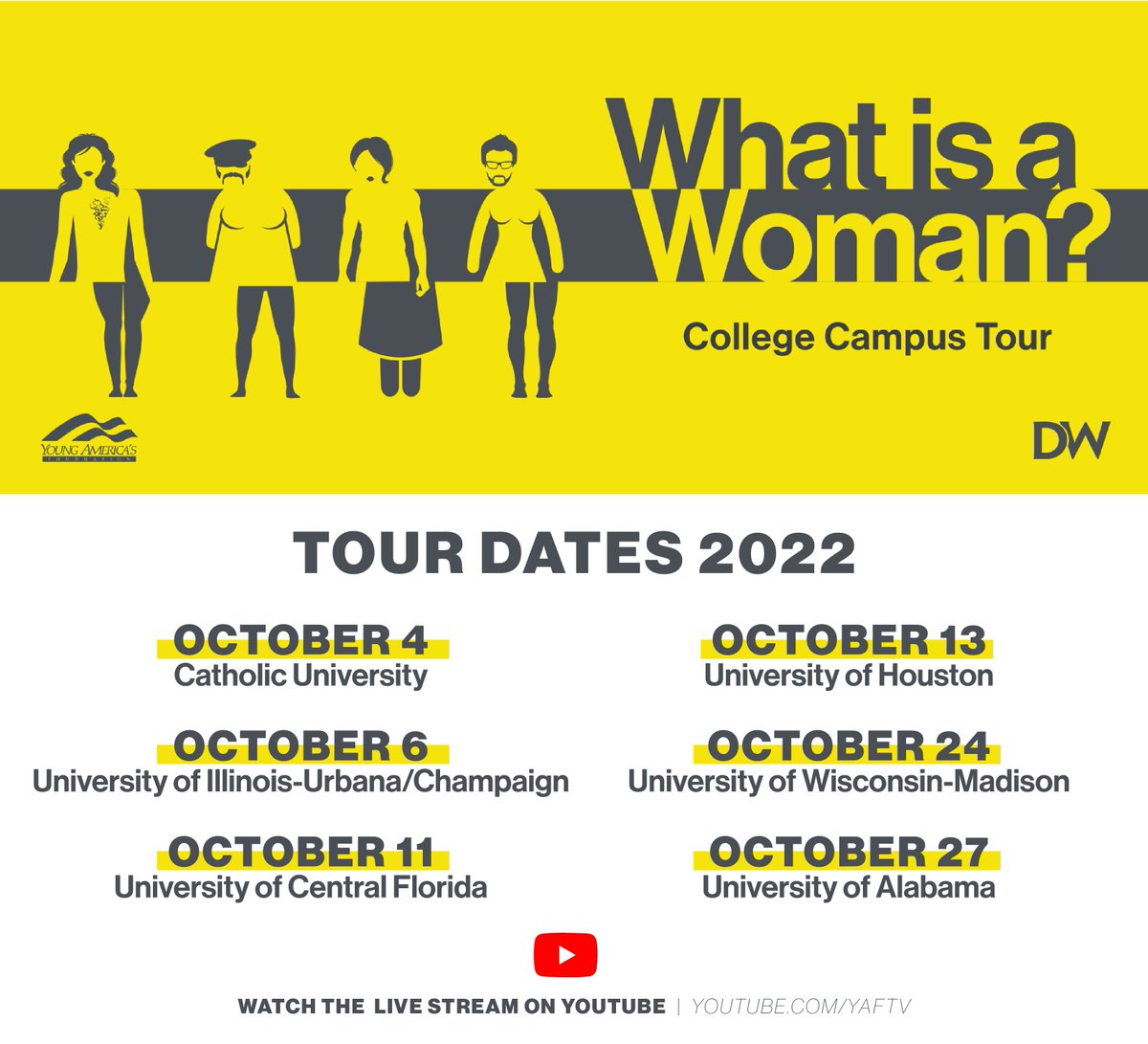 YAF (@yaf) on Twitter photo .<a href="/MattWalshBlog/">Matt Walsh</a> is bringing his documentary "What Is A Woman" to college campuses around the nation, including a LIVE Q&A!
Subscribe to YAFTV and ring the bell so you don't miss any of Matt's upcoming events: youtube.com/yaftv .<a href="/MattWalshBlog/">Matt Walsh</a> is bringing his documentary "What Is A Woman" to college campuses around the nation, including a LIVE Q&A!
Subscribe to YAFTV and ring the bell so you don't miss any of Matt's upcoming events: youtube.com/yaftv