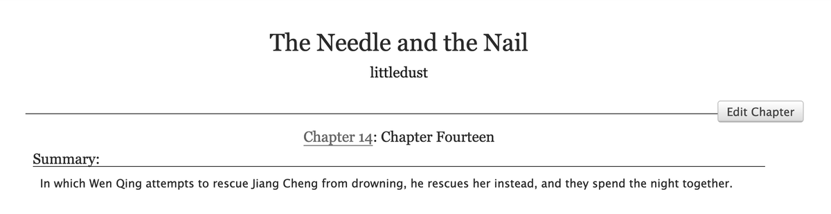 part2thecql's tweet photo. The Needle and the Nail, Ch 14/15
🪡 Wen Qing returns at the same time WWX does
🪡 Explicit, 6792 words in Ch 14
🪡 #ChengQing
🪡 Wen Qing attempts a water rescue
🪡 Jiang Cheng succeeds in one
🪡 then they bang about it

(link in next tweet!) https://t.co/kH6hYnhXtd