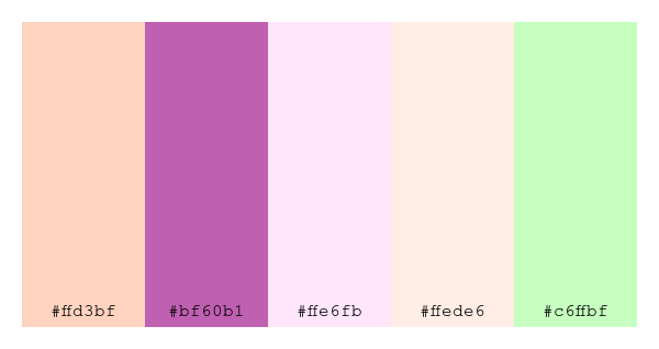 ColPaletteBot's tweet photo. Beep beep, here's a pretty color palette for you!
color-scheme.js parameters used:
- hue: 173
- variation: light
- colors: #ffd3bf, #bf60b1, #ffe6fb, #ffede6, #c6ffbf
Have a lovely evening!
#twitterbot #colorpalette #colors #palette #prettycolors https://t.co/tOxmHTBWh2