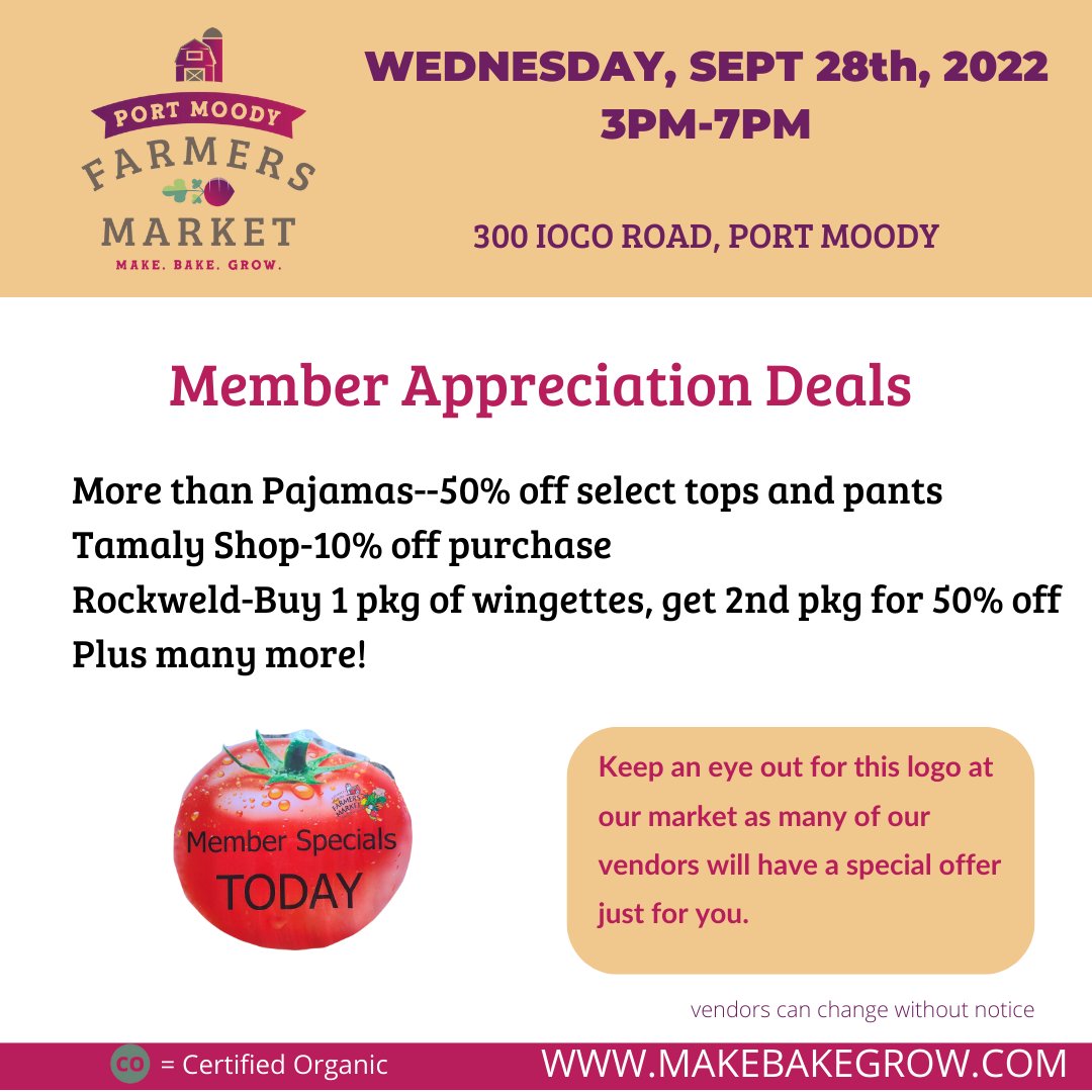 It's Member Appreciation Day at market this Wednesday!  Come join us to pick up all your favourites for the week.
🥕 Fresh local produce
🥐 Fresh baked goods
🥚 Eggs
☕️ Beverages and Hot Food
🍲 Prepared Foods
🕯Lifestyle
🐕 Pet