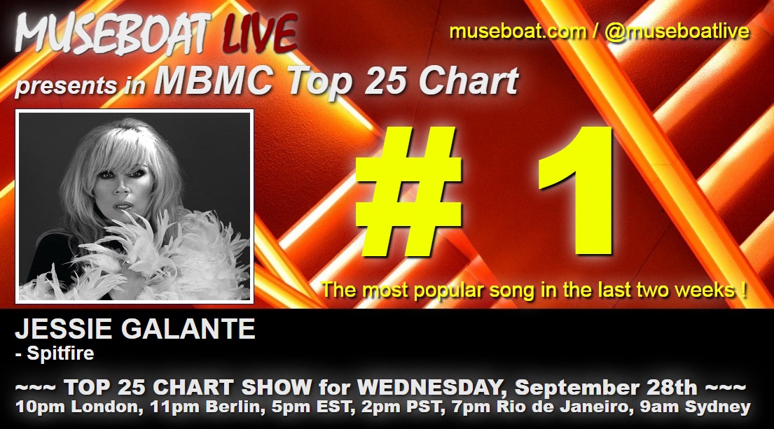 #RETWEET ;-) On air now in MBMC Top 25 Chart at museboat.com : # 1 JESSIE GALANTE - Spitfire museboat.com/responsive/art… @JessieGalante VOTE for this song again at museboat.com/top-25-votes.h… ;-) @museboatlive #music #MusicChart #musicday #top25