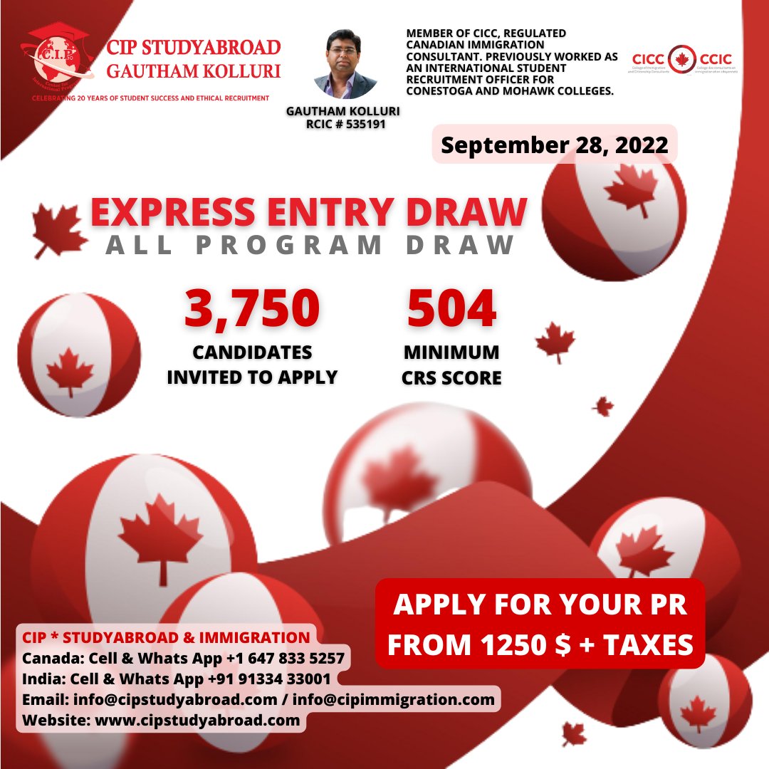 CipAbroad's tweet photo. Express Entry Draw #232– Sept 28, 2022
All  Program Draw
Number of invitations issued: 3,750
Rank required to be invited to apply: 3,750 or above
Date &amp; time of round: Sept 28, 2022 at 13:52:35 UTC
CRS score of lowest-ranked candidate invited:504
Tie-breaking rule: May 02, 2022 https://t.co/ZBSu5XJNz4