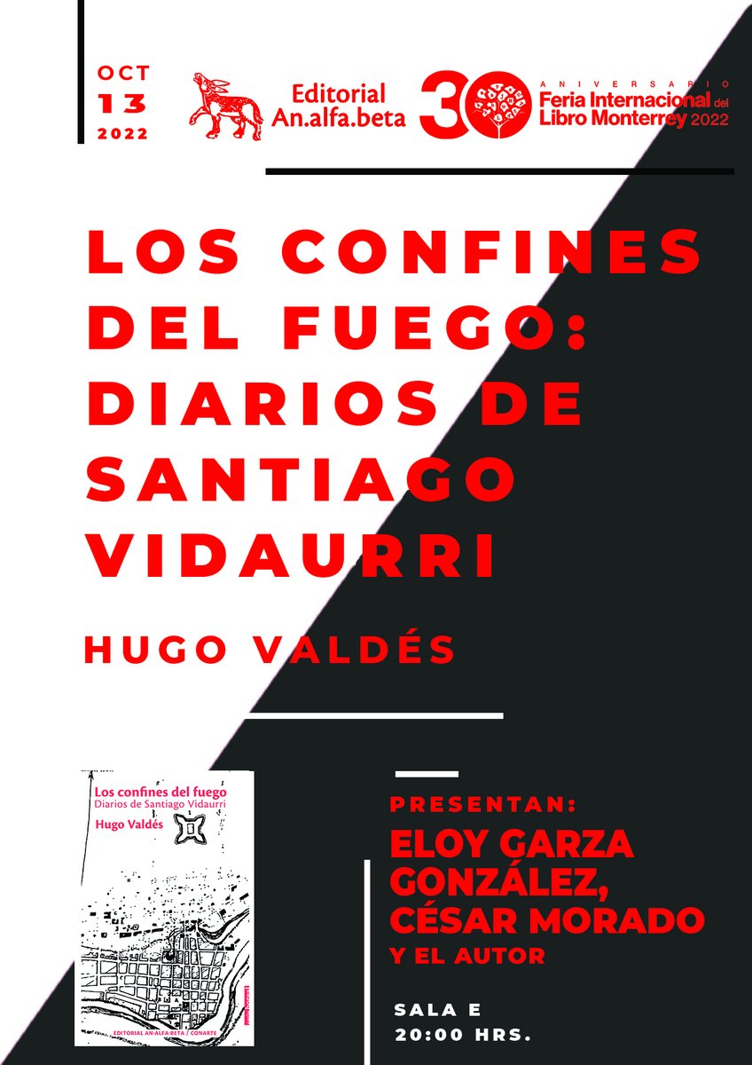 El jueves 13 de octubre se presenta la novela "Los confines del fuego" de <a href="/hugoval63/">Hugo Valdés</a> 

En la Sala E de la <a href="/FeriaLibroMty/">Feria Internacional del Libro Monterrey</a>  

En los comentarios: Eloy Garza González y César Morado. ¡Los esperamos!
