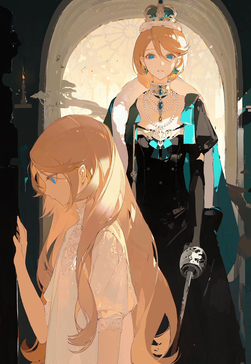 blue eyes long hair crown dress 2girls multiple girls sword  illustration images
