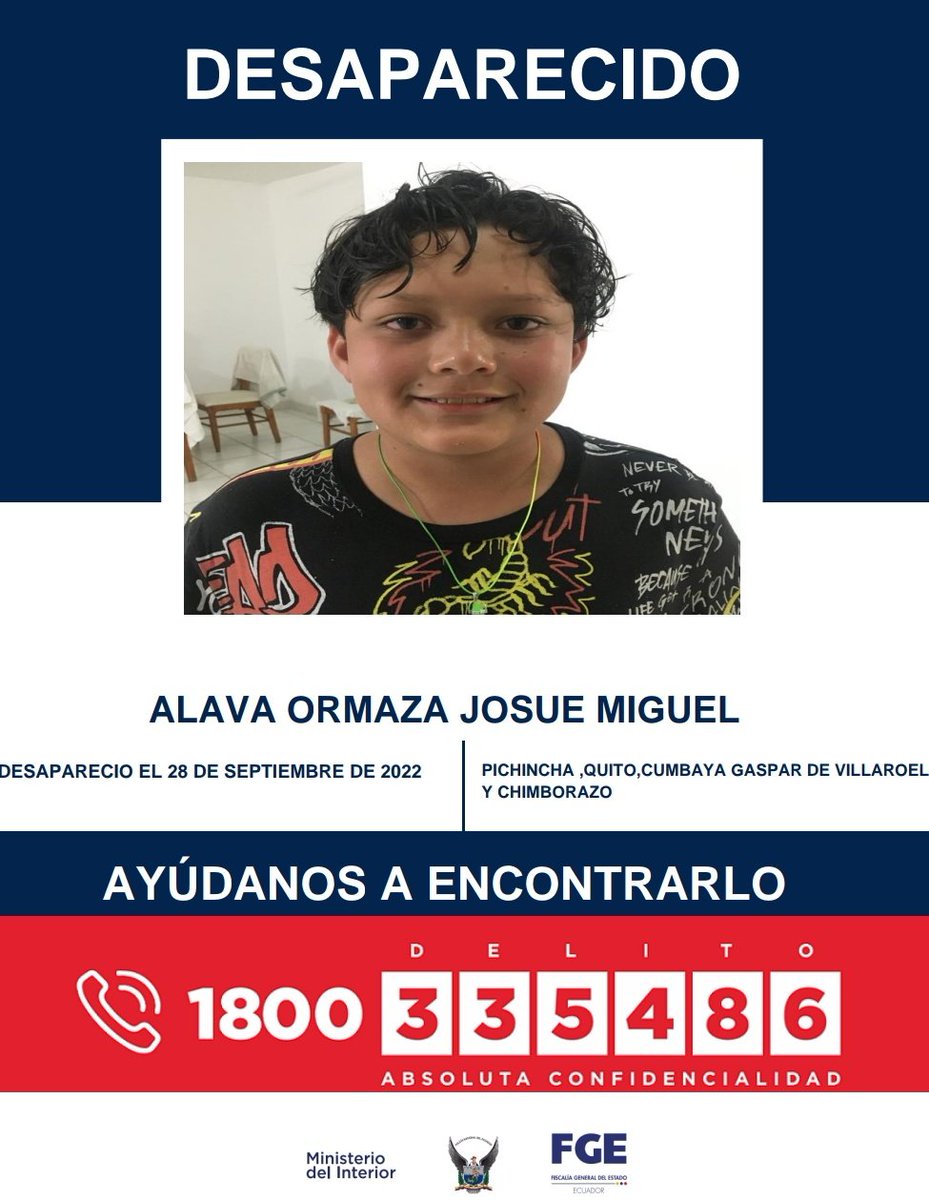 🛑#Atención |#DesaparecidosEcuador 
🆘️JOSUÉ ÁLAVA de 11 años desapareció el 28 de sept. de 2022 en  #Quito parroquia #Cumbaya por las calles Villarroel y Chimborazo.Características: cabello corto,tez blanca,1;50cm. Si lo has visto comunícate a: 0992872742 (Asfadec) o al ECU 911