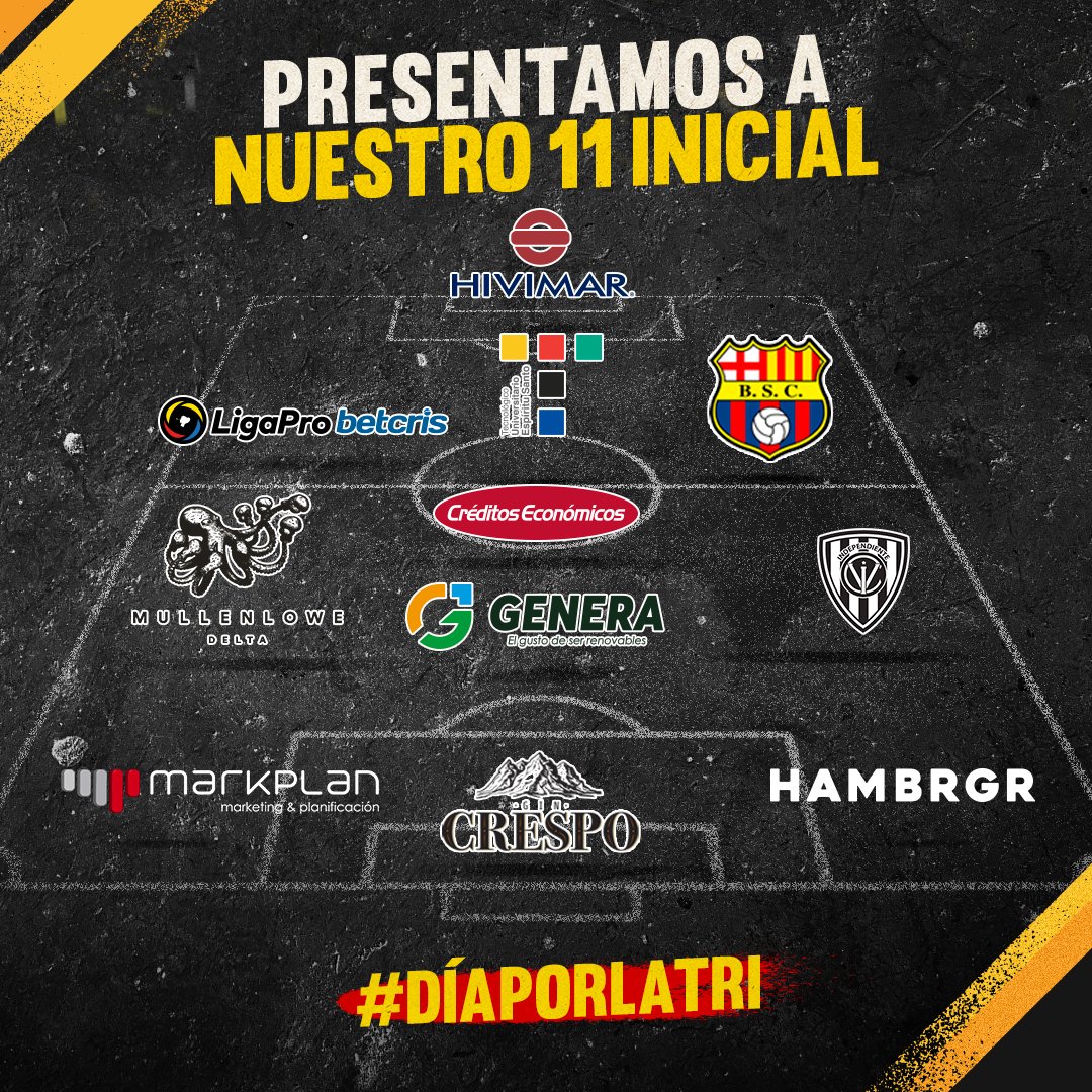 ¡Comunicado a la nación! 🇪🇨

Presentamos a nuestro 11 inicial ⚽ que se suma a la iniciativa #DíaPorLaTri. 

Pronto anunciaremos nuevas sorpresas para todos ustedes sobrinos. 🍻

@LigaProEC <a href="/BarcelonaSC/">BARCELONA S.C.</a> <a href="/IDV_EC/">Independiente del Valle</a> <a href="/MKPpublicidad/">Markplan</a> @creditoseconom
