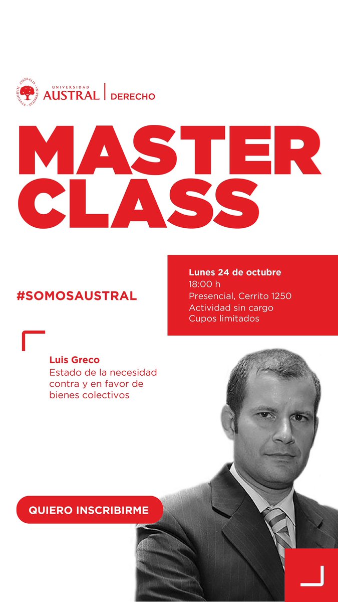 DESTACADA ACTIVIDAD de <a href="/AustralDerecho/">Austral Derecho</a>  - Jornada Estado de necesidad contra y en favor de bienes colectivos*
 
*Fecha:* Lunes 24 de Octubre
*Horario:* 18 h (GMT-3)
*Modalidad:* Presencial - Sede Cerrito
 
*Más información:*
Julieta Fornek
bit.ly/3UK5bou