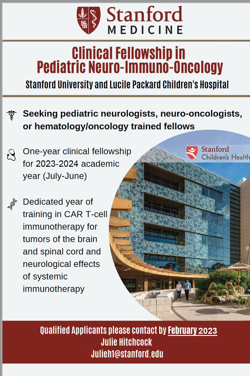 Michelle Monje🎗️ 🟦 (@michelle_monje) on Twitter photo Pediatric neuro-oncology fellows, heme-onc fellows, neurology residents, are you interested in #immunotherapy/#CAR T-cell therapy for CNS cancers? Consider neuro-immuno-oncology fellowship training with me & the NIO team <a href="/jasia_mahdi/">Jasia Mahdi</a>& <a href="/KunWei_Song/">Kun Wei Song</a> <a href="/StanfordChild/">Stanford Children's</a> <a href="/Stanford_CCT/">Stanford Center for Cancer Cell Therapy</a> Pediatric neuro-oncology fellows, heme-onc fellows, neurology residents, are you interested in #immunotherapy/#CAR T-cell therapy for CNS cancers? Consider neuro-immuno-oncology fellowship training with me & the NIO team <a href="/jasia_mahdi/">Jasia Mahdi</a>& <a href="/KunWei_Song/">Kun Wei Song</a> <a href="/StanfordChild/">Stanford Children's</a> <a href="/Stanford_CCT/">Stanford Center for Cancer Cell Therapy</a>