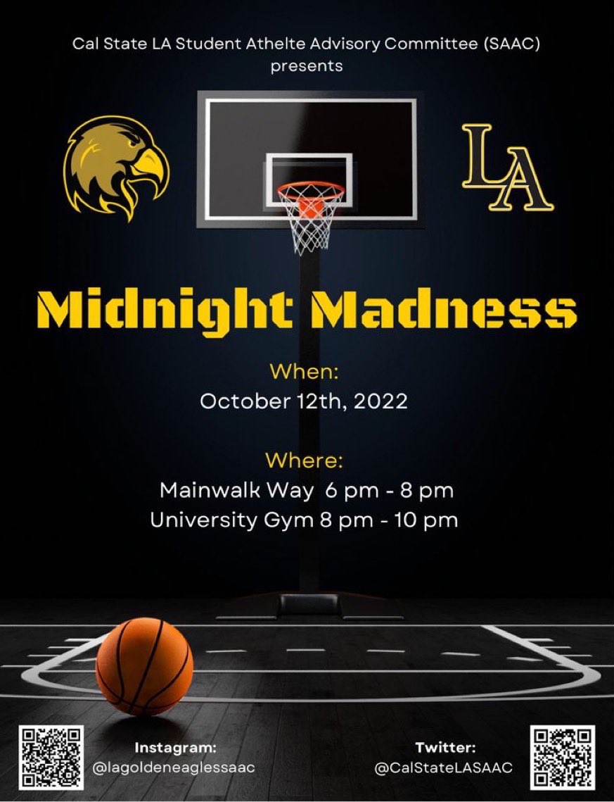 Midnight Madness Wednesday October 12th! Come out and support Men’s and Women’s basketball. There will be food, drinks and plenty of fun! <a href="/LAGoldenEagles/">Cal State LA Athletics</a>