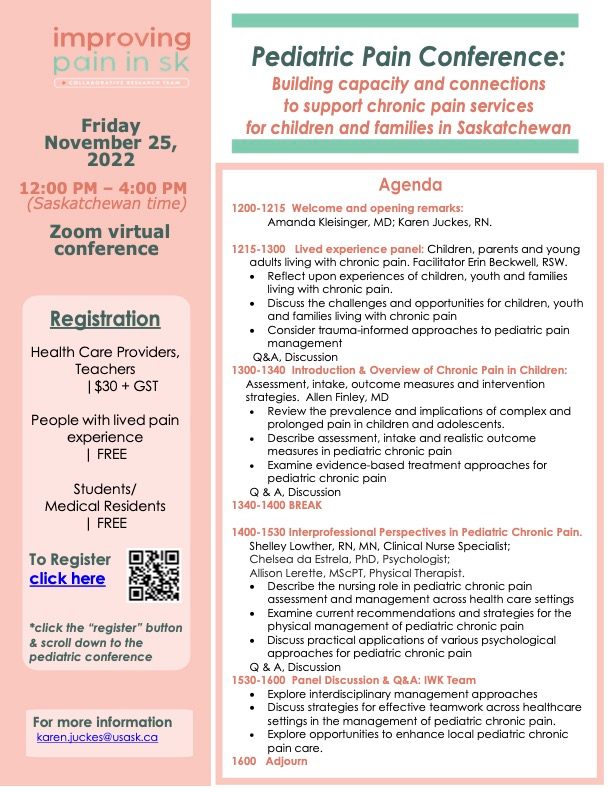 SaskPain's tweet photo. Important information and agenda regarding the upcoming #PediatricPain Conference happening virtually on November 25th from 12pm-4pm - please see more info below! @usask_CME
Register, here: https://t.co/akOBaD4wEZ
#SaskPain #PedsPain #PainConference #PainResearch #IPSK https://t.co/LJFKFm0awN