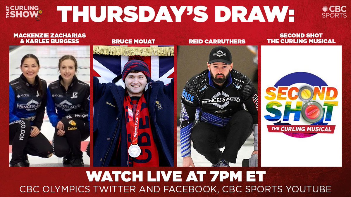 THAT CURLING 🥌 SHOW 

Tomorrow night. Thursday. House party. Check out this lineup. 

And for the first time ever a live performance. See you tomorrow at 7pm ET on <a href="/cbcsports/">CBC Sports</a> YouTube. #cbccurl