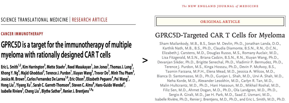 Our report of first-in-human GPRC5D-targeted CAR T cells for MM is out in NEJM! The trial was led by Sham Mailankody and could not be done without the amazing clinical, correlative science, stats, & cell manufacturing teams. Happy to share our bench>bedside journey 1/10