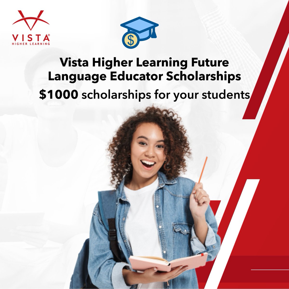 VHLHigherEd's tweet photo. Announcing Vista Future Language Educator #Scholarship Program 🤩 $1000 scholarship opportunities for your #students. 🤗
Learn more 📲 https://t.co/eP91ImRLWx https://t.co/qcTjUieoP4